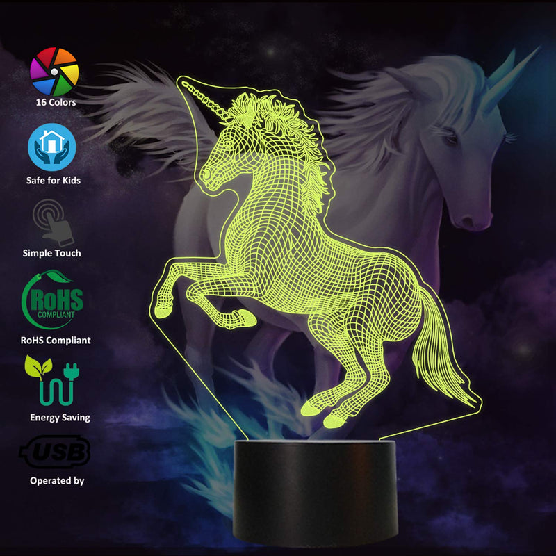  [AUSTRALIA] - FULLOSUN Unicorn Bedside Lamp 3D Illusion Night Light,16 Colors Changing Remote Control Optical Light ,Room Decor Unique Birthday Christmas Gift for Girls Kids Toddler