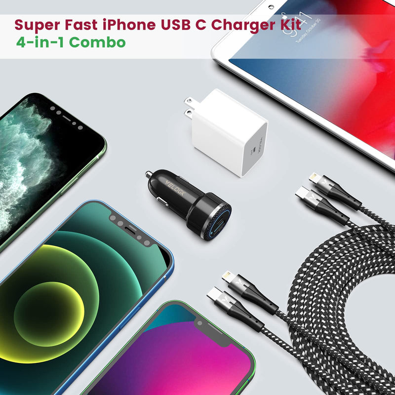  [AUSTRALIA] - iPhone 13 12 Fast Charger Kit, VELOGK 20W USB C PD Wall/Car Charger Adapter for iPhone 13/12/Pro/Max/Mini/11/Xs Max/XR/X, iPad Pro/Air/Mini, with 2X[Apple MFi Certified] iPhone Lightning Cables(3.3ft)