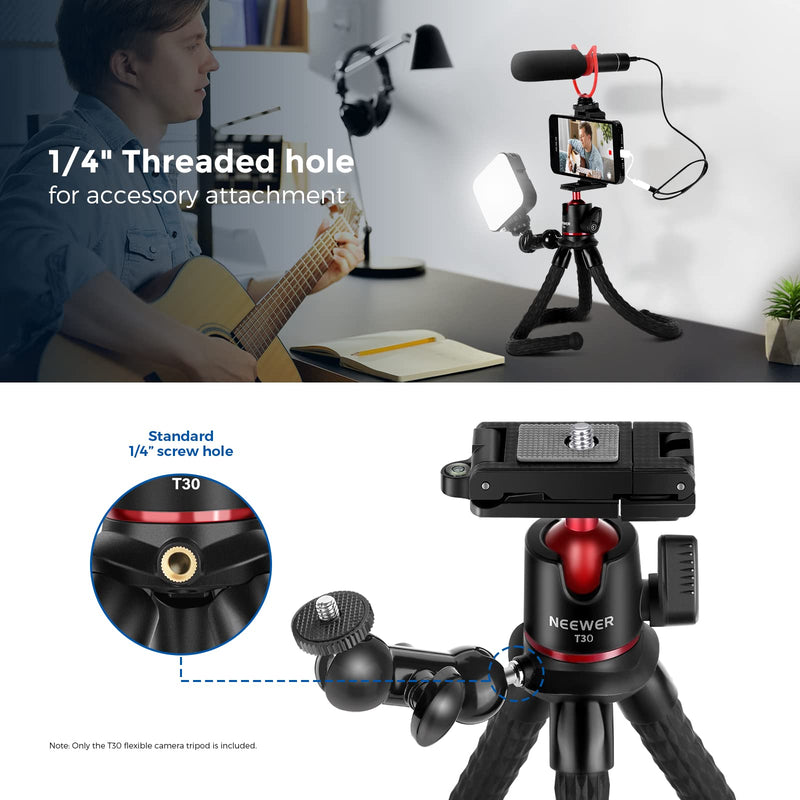  [AUSTRALIA] - NEEWER Camera Flexible Tripod with Remote Shutter, Mount Adapter for Hero 11 10 9 8, Hidden Phone Holder with Cold Shoe, 1/4" Screw for Magic Arm, Bendable Vlogging Tripod, Load Up to 4.4lb - T30