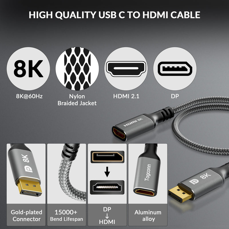  [AUSTRALIA] - Togconn DisplayPort to HDMI Adapter Cable 8K, Unidirectional DisplayPort 1.4 (Male) to HDMI 2.1 (Female) Extension Cable Converter Support 8K@60Hz,4K@120Hz for DP PC and HDMI Displays