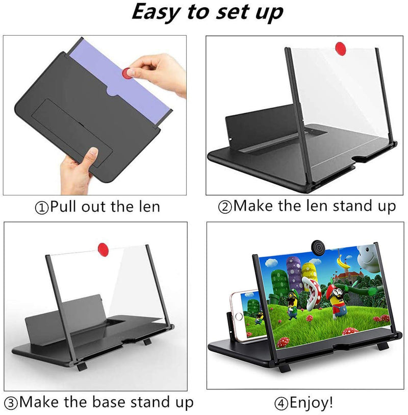  [AUSTRALIA] - 12“ Cell Phone Screen Magnifier-3D HD Phone Screen Amplifier for Movies, Videos, and Gaming, Foldable Phone Stand with Screen Magnifier-Compatible with All Smartphones Black 12 inch