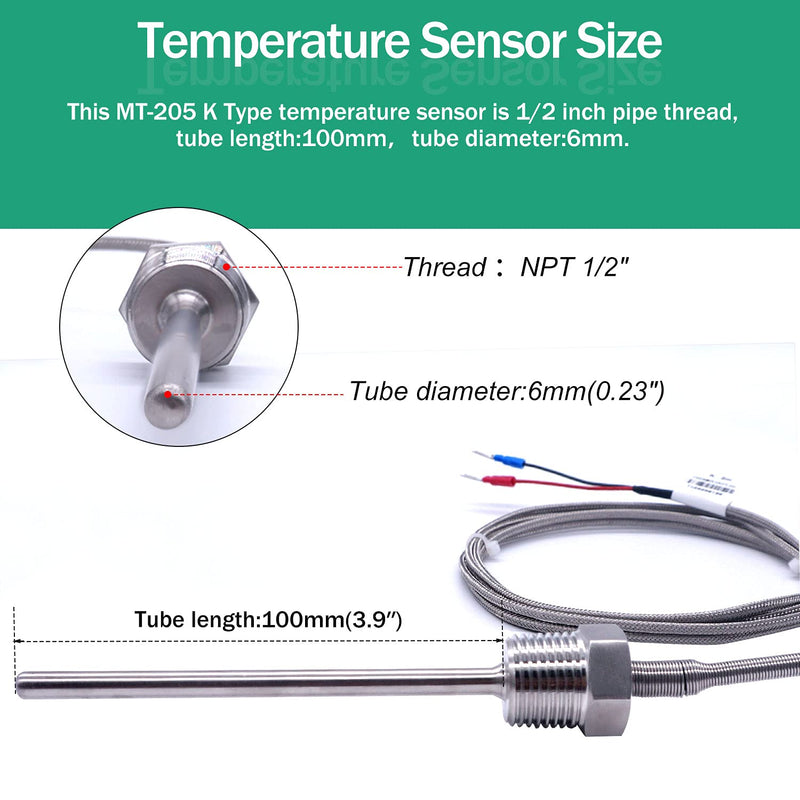  [AUSTRALIA] - Twidec/2M NPT 1/2"inch (6X100MM) Pipe Thread Temperature Sensor Probe Two Wire Temperature Controller (0~600℃) 304 Stainless Steel K Type Thermocouple MT-205-1/2 1/2" 6x100mm