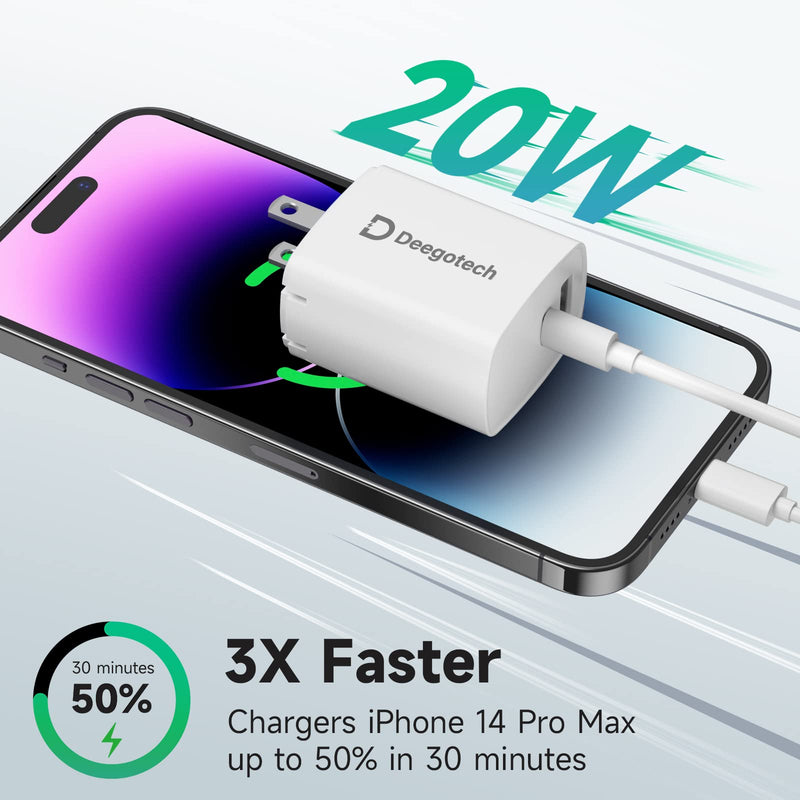  [AUSTRALIA] - USB Type C Charger, Deegotech 20W PD iPhone Fast Charger, Dual Port Foldable Plug Compatible with iPhone 14/14 Pro/14 Pro max/13 Pro max/12/11/X/SE3, iPad Pro White 1Pack