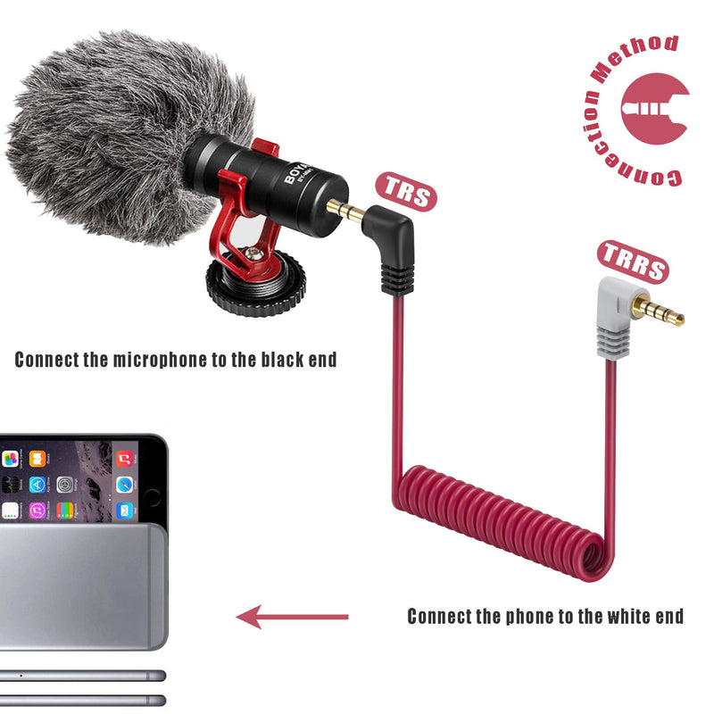  [AUSTRALIA] - 3.5mm TRS to TRRS Microphone Cable, Ancable 1/8 Male to Male Coiled Right Angle Mic Cord Compatible iPhone, Smartphone, Tablets with Rode SC7, VideoMic, VideoMicro Go, BOYA and More External Mic Red