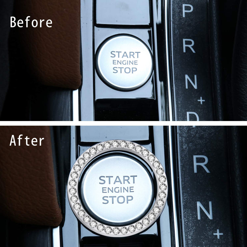  [AUSTRALIA] - LivTee 2 PCS Crystal Rhinestone Car Engine Start Stop Decoration Ring, Bling car Accessories, Push to Start Button, Key Ignition & Knob Bling Ring, White