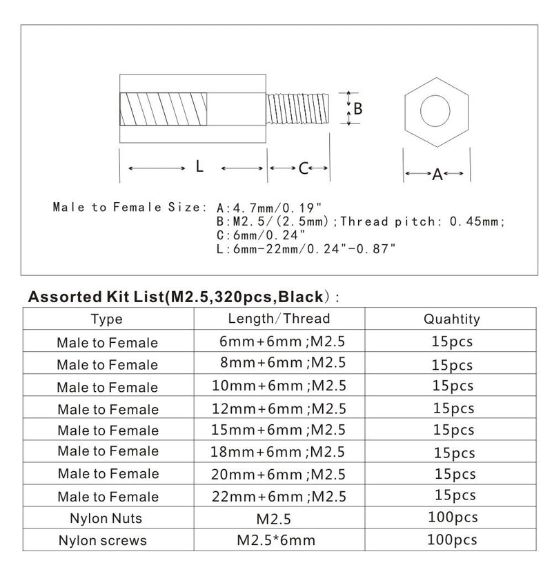 HVAZI 320pcs M2.5 Nylon Hex Spacer Standoffs Screws Nuts Assortment Kit; Male-Female(Black) - LeoForward Australia