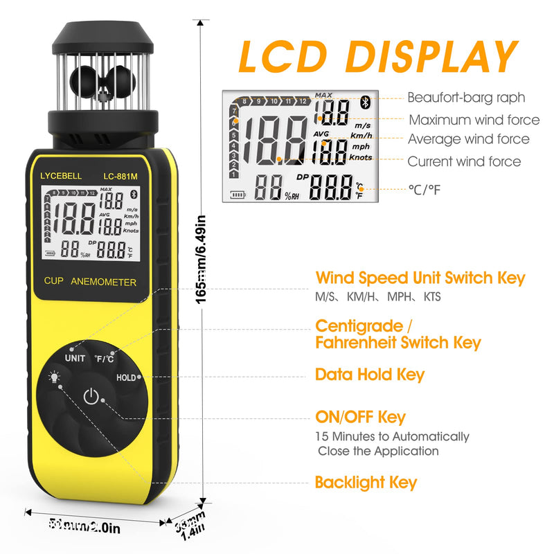  [AUSTRALIA] - Anemometer Handheld LC-881M Portable Anemometer Wind Speed Meter Measures Wind Speed/Temperature with Compass, 360° Wind Direction Wind Cup Anemometer