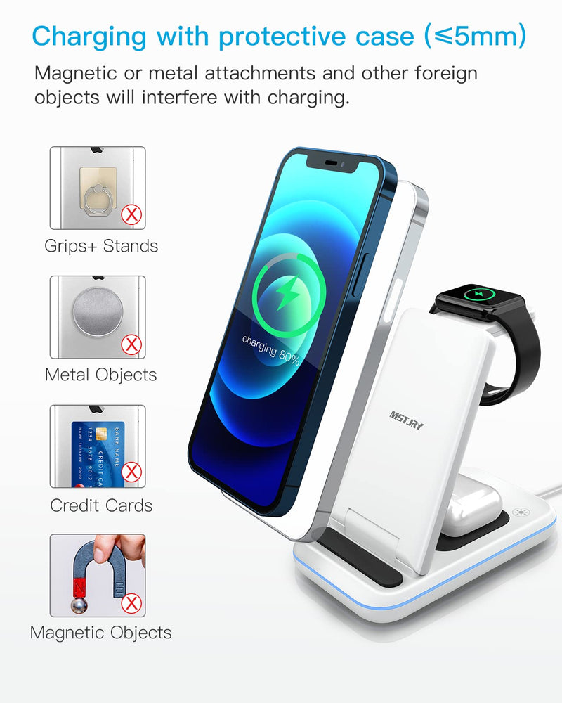  [AUSTRALIA] - Wireless Charging Station, MSTJRY 3 in 1 Wireless Charger Station for Apple Products Multiple Devices Compatible with iPhone Airpods iWatch S7/SE/6/5/4/3/2 UL Certified Power Adapter Included White