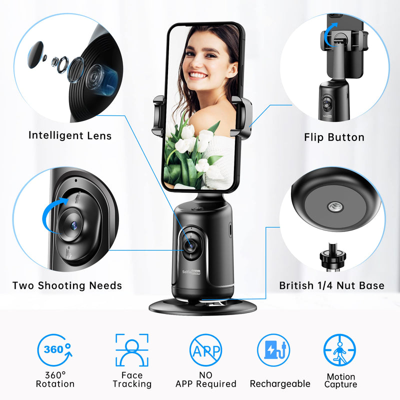  [AUSTRALIA] - Auto Tracking Phone Holder, Auto Face Tracking Tripod, Portable All-in-one Smart Selfie Stick 360 Rotation Fast Face & Object Tracking Cameraman Robot Mount for Phone Video Vlog Live Streaming(Black) Black