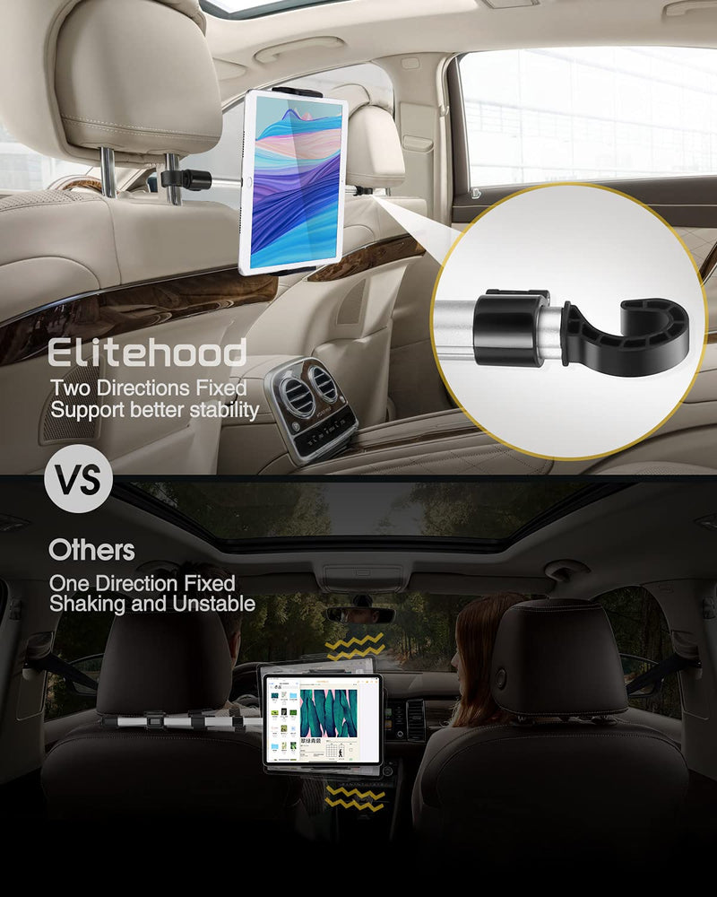  [AUSTRALIA] - Elitehood Aluminum iPad Holder for Car, Back Seat Anti-Shake Car Tablet Holder, Adjustable Headrest iPad Car Mount for iPad Mini, iPad, iPad Air, iPad Pro 12.9 11, Switch, and 4-13in Tablets & Phones