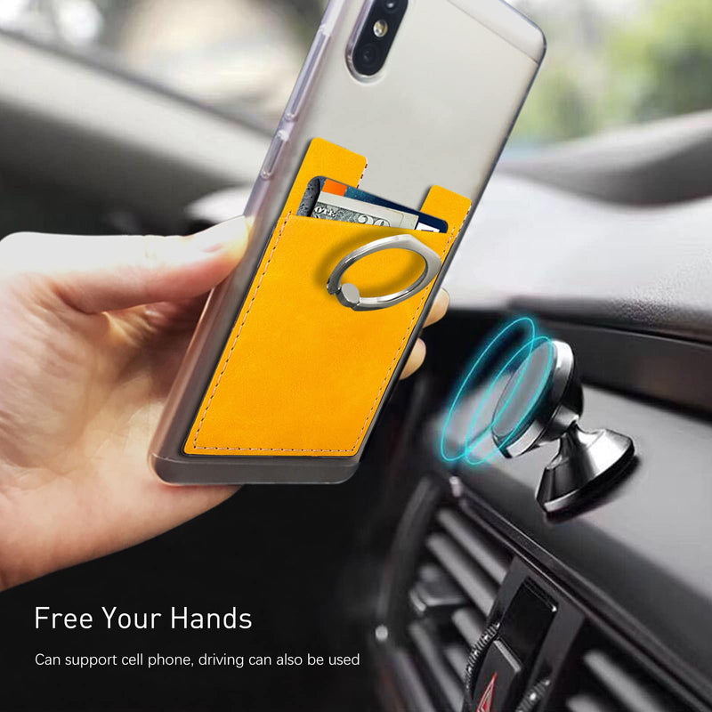  [AUSTRALIA] - Phone Card Holder with Phone Ring, Ring Wallets Combine a Finger Grip, Phone Ring Stand & Credit Card Sleeve into Thin Phone Wallets Stick On Universal to Any Cell Phone - Bright Yellow