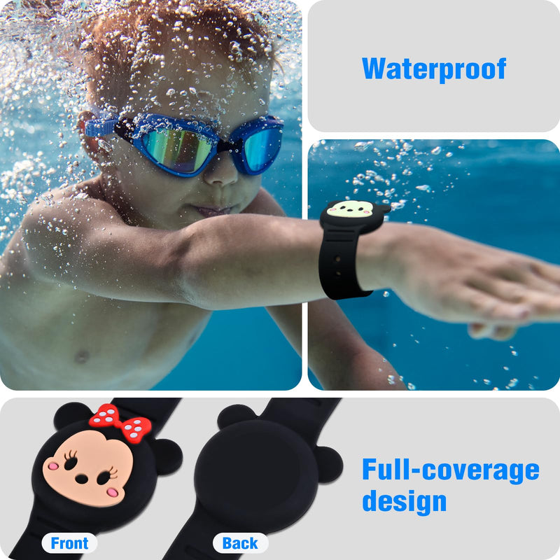  [AUSTRALIA] - 2 Pack AirTag Holder for Kids, Waterproof Airtag Bracelet for Kids with Cute Cartoon Design, Full Coverage Anti-Lost Silicone Airtag Wristband for Children, Healthy Material (Black) Black