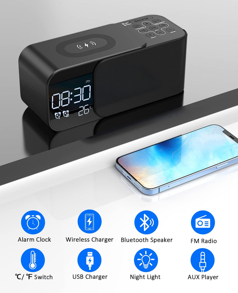  [AUSTRALIA] - AKKIGL Alarm Clock Radio with Wireless Charging & Bluetooth Speaker, Digital Alarm Clocks for Bedrooms with 8 Sounds Dual Alarm, Snooze, USB Charger, 3 Level Dimmer, Nightlight, Temperature Display