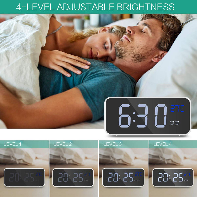  [AUSTRALIA] - ORIA Digital Alarm Clock, Mirror LED Music Digital Clock, Voice Control, 4 Adjustable Brightness, Dual Alarms, Temperature, Snooze, USB Charging Port for Bedroom, Bedside, Office, Kids, Elderly 6 inch