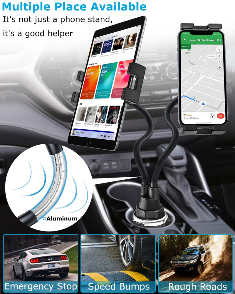  [AUSTRALIA] - Dual Cup Holder Tablet Car Mount for 4.7"-12.9" Phone & iPad - Phichy Gooseneck Double Tablet Mount for Car, Cup Car Tablet Holder Stand Compatible with iPad Pro/Air/Mini, Galaxy Tabs, iPhone, Tablets