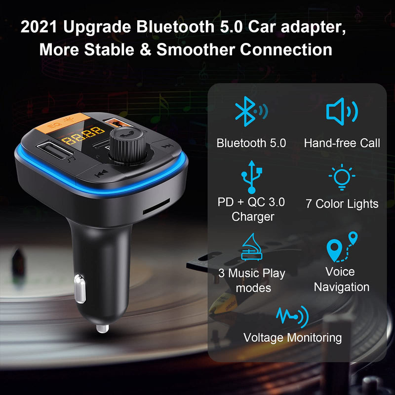  [AUSTRALIA] - Bluetooth FM Transmitter for Car - Tensun Bluetooth Car Adapter PD20W+QC3.0 Cigarette Lighter Bluetooth 5.0 Radio Receiver Music Player Car Charger Supports Hands-Free Call Siri Google Assistant