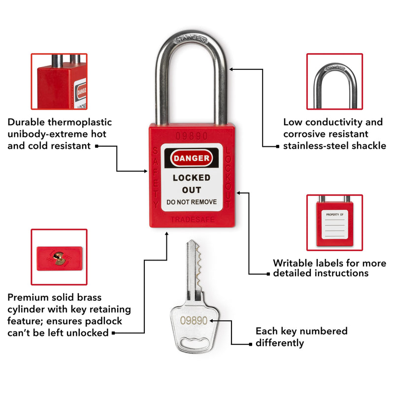  [AUSTRALIA] - TRADESAFE Lockout Tagout Locks, 7 Safety Locks Keyed Differently, Lock Out Tag Out Safety Padlocks, 1 Key Per Lock, Red, Lockout Tagout Kit Refill, Industrial Safety Brand and Company 7-Red