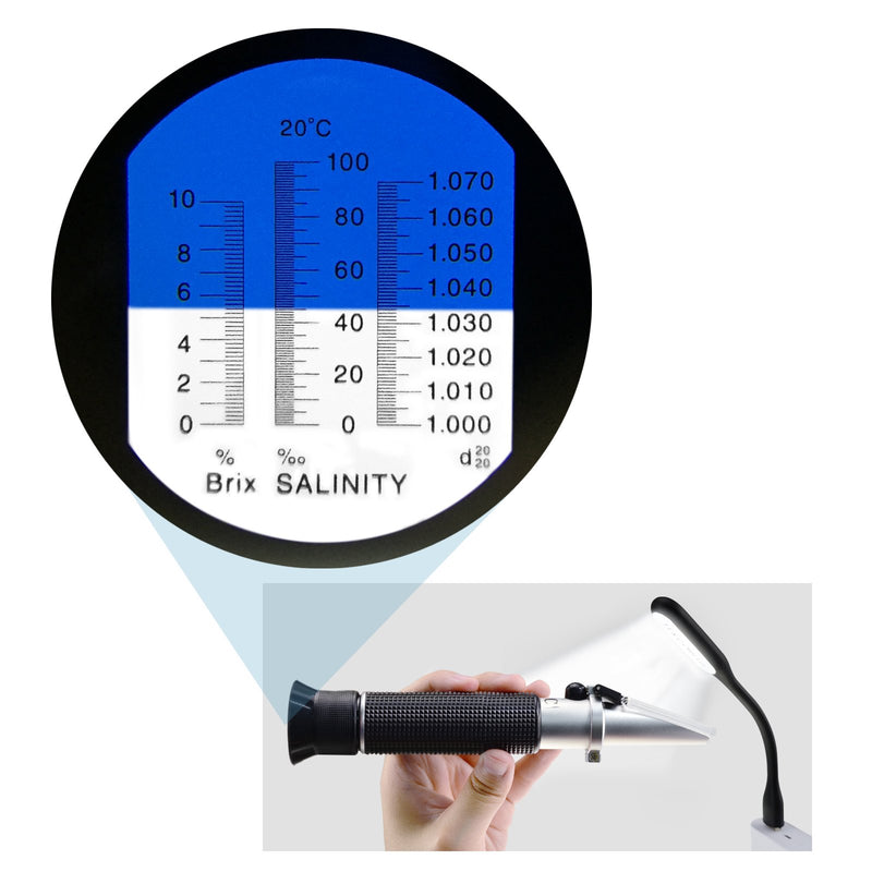 Brix Refractometer with ATC, range 0-32% Brix with 0.2% division, for brandy, beer, fruits, Cutting Liquid, with EXTRA LED light and pipettes (0-10% Brix, 0-100ppt, 1.000-1.070g/cm3 Density) 0~100% Salinity Refractometer - LeoForward Australia