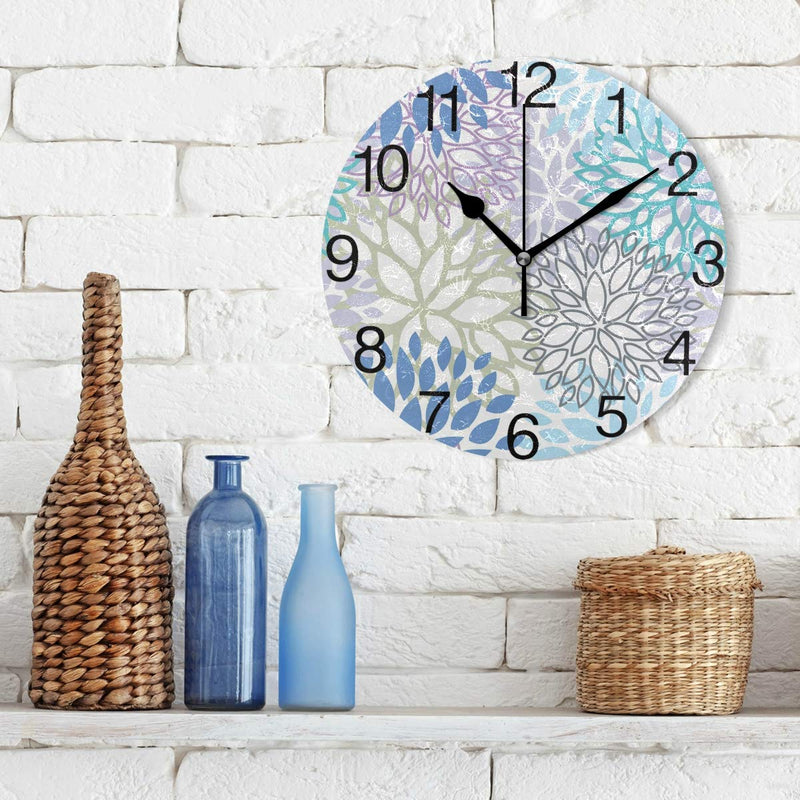 White Dahlia Round Wall Clock, Silent Non Ticking Oil Painting Decorative for Home Office School Clock Art, Blue Grey And Purple - LeoForward Australia