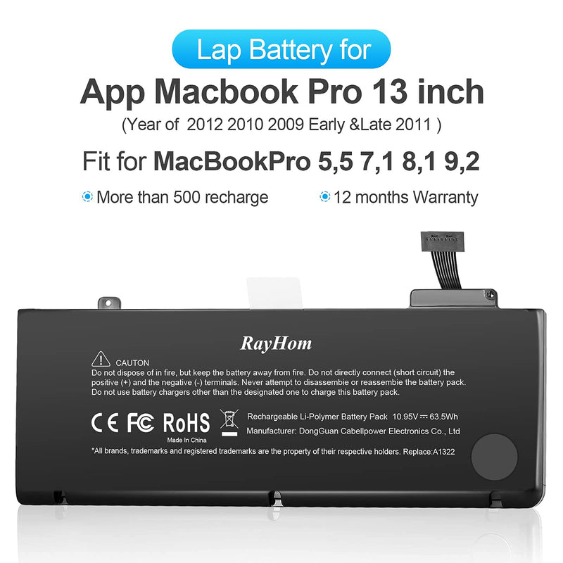  [AUSTRALIA] - RayHom A1322 A1278 Battery for MacBook Pro 13 inch [2009 2010 2011 2012 Version] 661-5229 661-5557 020-6547-A 020-6765-A [Longlife and Super Performance, 12 Months Warranty 10.95V/63.5Wh]