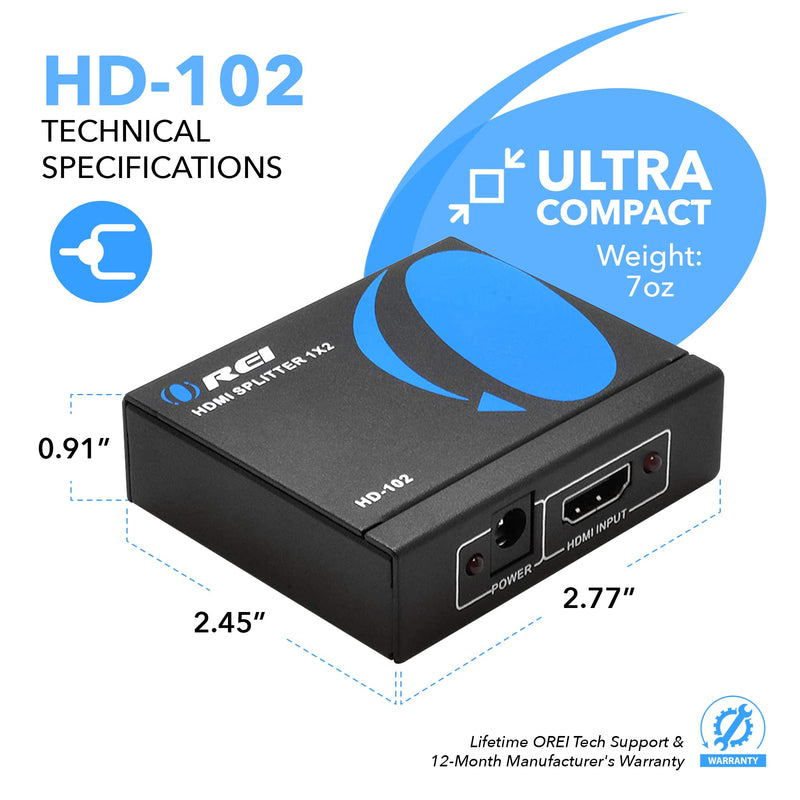  [AUSTRALIA] - OREI HDMI Splitter 1 in 2 Out 4K - 1x2 HDMI Display Duplicate/Mirror - Powered Splitter Full HD 1080P, 4K @ 30Hz (One Input To Two Outputs) - USB Cable Included - 1 Source to 2 Identical Displays