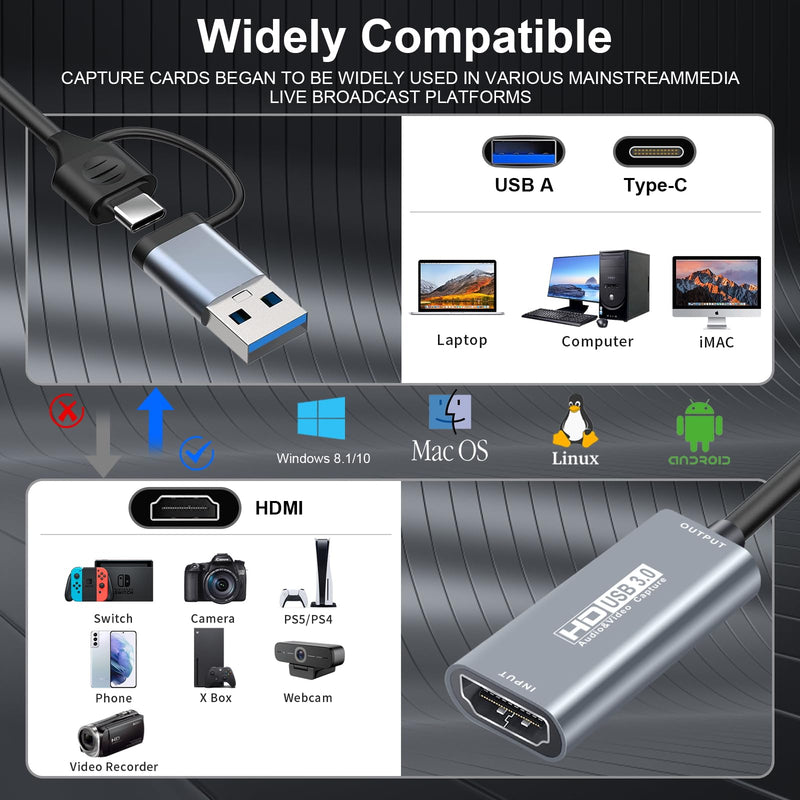  [AUSTRALIA] - 4K HDMI Video Capture Card,XIIXMASK USB 3.0 Capture Card,HDMI to USB/USB C Audio Video Recording in 1080P@60Hz, 2K@50Hz for Teaching,Broadcasting,Gaming,Streaming,Video Conference