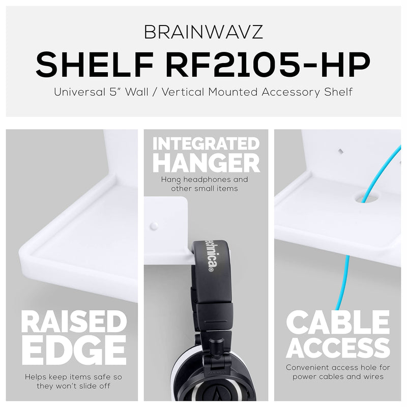  [AUSTRALIA] - BRAINWAVZ [EOL] 5” Small Shelf with Headphone Hanger, Adhesive & Screw in, for Bluetooth Speakers, Cameras, Plants, Toys, Books & More (RF2105-HP, White) [EOL] SideShelf Headphones