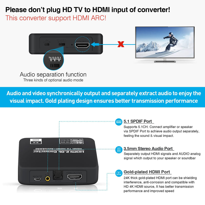  [AUSTRALIA] - avedio links 4K@60Hz HDMI 2.0b Audio Extractor Splitter Converter, HDMI to HDMI + Optical Toslink SPDIF + 3.5mm Stereo Analog Audio, HDMI Audio Embedder Inserter for PS5,Xbox, Optical Fiber Included