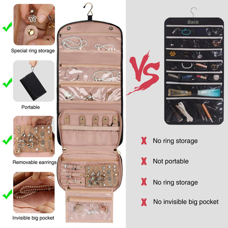  [AUSTRALIA] - Travel Jewelry Organizer Roll with Zipper Pockets Large Hanging Jewelry Roll Bag Case for Rings, Earrings, Necklaces, Bracelets, Brooches, Waterpoof Bag with Separate Compartments Black