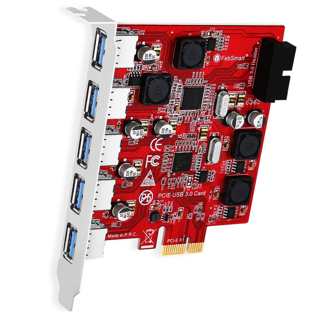  [AUSTRALIA] - FebSmart 7-Ports Superspeed 5Gbps USB 3.0 PCI Express (PCIe) Expansion Card-5 Ports USB-A and an 19Pin USB 3.0 Header-Build in Self-Powered Technology-No Need Additional Power Supply (FS-U7S-Pro) Matte Red