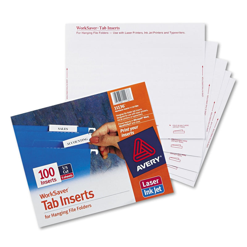  [AUSTRALIA] - Avery 11136 Printable Inserts for Hanging File Folders, 1/5 Tab, Two, White, 100/Pack