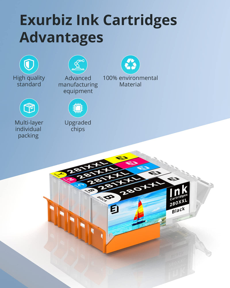  [AUSTRALIA] - Exurbiz Compatible Ink Cartridges Replacement for Canon PGI-280XXL CLI-281XXL 281XXL Works for PIXMA TR7520 TR8520 TS6120 TS6220 TS8120 TS8220 TS9120 TS9520 TS6320 TS9521C Printer (5 Pack)