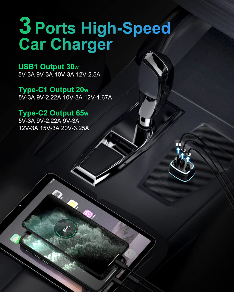 [AUSTRALIA] - 115W Super Fast Car Charger for iPhone 13, 3 Port KENREE PPS PD 65W 45W 20W Type C Car Charger Adapter,QC5.0 30W USB Car Charger for iPhone 12/13 Pro Max,iPad
