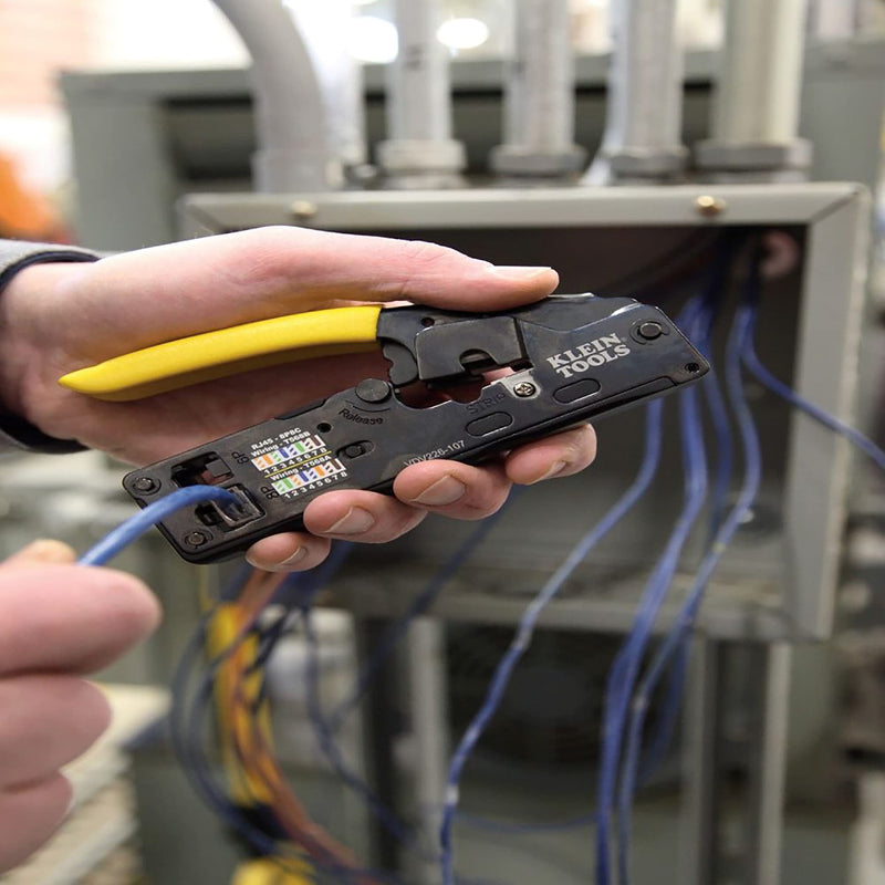  [AUSTRALIA] - Klein Tools VDV226-107 Compact Ratcheting Modular Data Cable Crimper / Wire Stripper / Wire Cutter, CAT6, CAT5, CAT3, Flat-Satin Voice Cable Crimper, Data, Compact RJ45