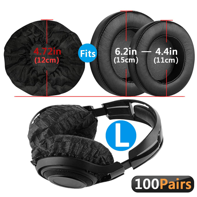  [AUSTRALIA] - Geekria 100 Pairs Disposable Headphones Ear Cover for Large Over-Ear Headset Earcup, Stretchable Sanitary Ear Pads Cover, Hygienic Ear Cushion Protector (L/Black) L-12CM