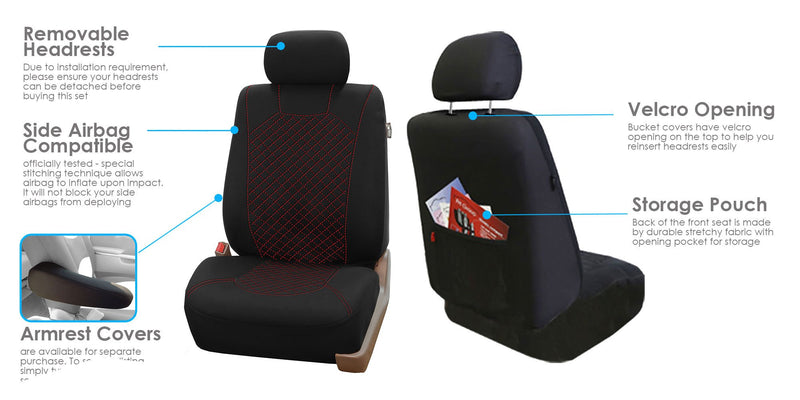  [AUSTRALIA] - TLH Quilted Flat Cloth Seat Covers Front, Airbag Compatible, Red Color-Universal Fit for Cars, Auto, Trucks, SUV