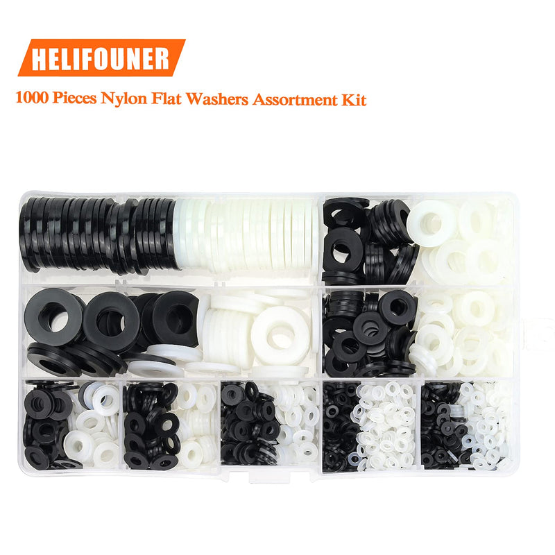  [AUSTRALIA] - HELIFOUNER 1000 Pieces 9 Sizes White/Black Nylon Flat Washers Assortment Kit - M2 M2.5 M3 M4 M5 M6 M8 M10 M12