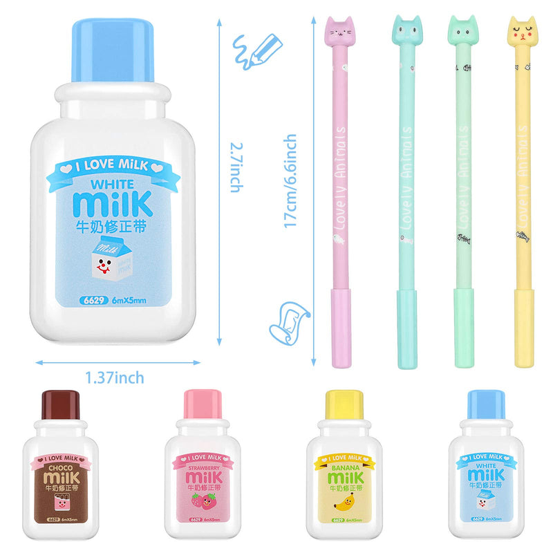  [AUSTRALIA] - 4 Pieces Milk Bottle Style Correction Tape Writing Correction Tape Eraser and 4 Pieces Cute Cartoon Cat Pens Black Writing Gel Ink Pen for Kids Students, School Stationery Office Supplies