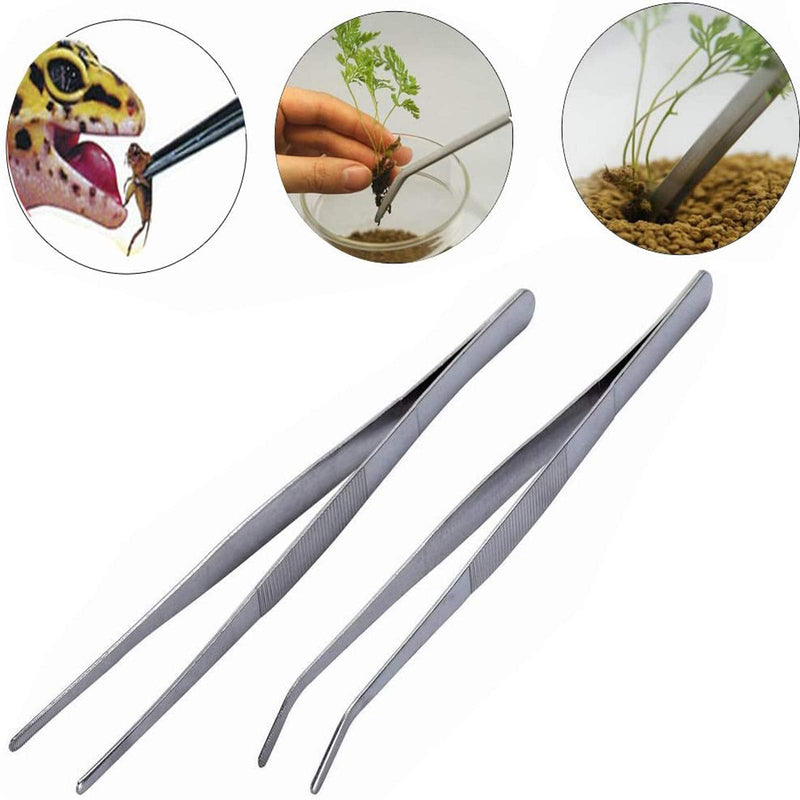  [AUSTRALIA] - BinaryABC Stainless Steel Straight and Curved Nippers Tweezers Feeding Tongs for Reptile Snakes Lizards Spider,2pcs(Silver)