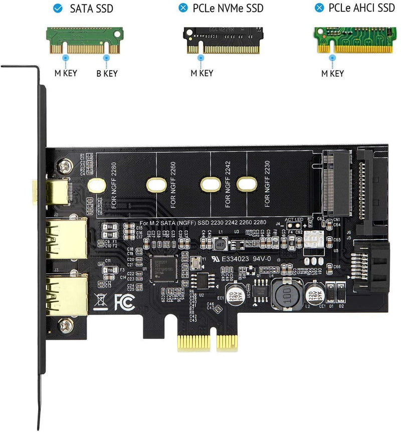  [AUSTRALIA] - MZHOU PCI-E to USB 3.0 PCI Express Card incl.1 USB C and 2 USB A Ports,Adding M.2 NVME SATA III SSD Devices to a PC or Motherboard Using M.2 NVME to PCIe 3.0 Adapter Card with Low Profile Bracket 2 USB 1x