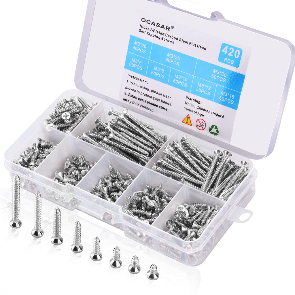  [AUSTRALIA] - Ocasar 420Pcs M3 Flat Head Self Tapping Wood Screws Assortment Set, Premium 8 Sizes Self-Tapping Screws (from 1/4in to 1-1/4in), Assorted Wood Screws for Wood, Metal, Plastic