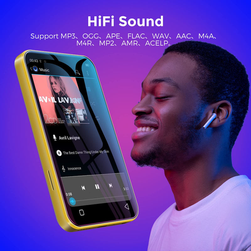  [AUSTRALIA] - WiFi Mp3 Player with Bluetooth, TIMMKOO 4.0" Full Touch Screen Mp3 Mp4 Player with WiFi Transfer, Portable HiFi Sound Walkman Digital Music Player with FM Radio,Recorder, Ebook,Clock, Browser (Yellow) Yellow