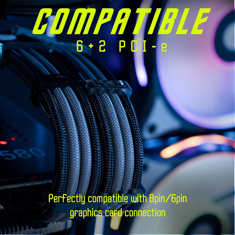  [AUSTRALIA] - Asiahorse 18AWG PSU Asiahorse PSU Cable Extension Sleeved Custom Mod GPU PC Power Supply Soft Braided with Two Color Comb Kit 24P/8P to 6+2P/ 8P to 4+4P 30CM 300MM - Black/Gery 4 packs black-gery