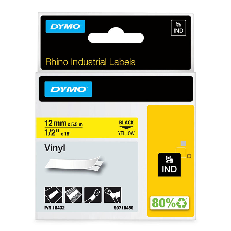  [AUSTRALIA] - DYMO Industrial Labels for DYMO Industrial Rhino Label Makers, Black on Yellow, 1/2", 1 Roll (18432), DYMO Authentic 1/2" (12MM)