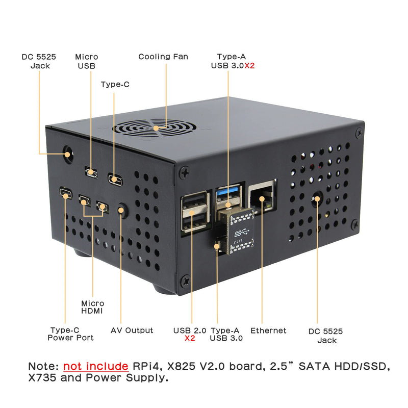  [AUSTRALIA] - Geekworm X825-C8 (X825 V2.0) Metal Case+Power Switch+Cooling Fan Support X825 V2.0 2.5 inch SATA SSD/HDD Shield & Raspberry Pi 4 Model B & X735 Only(Not Include RPi4&X825 V2.0&X735&PSU&SSD&TF Card) Black(X825-C8 for Pi4+X825 V2.0+X735)