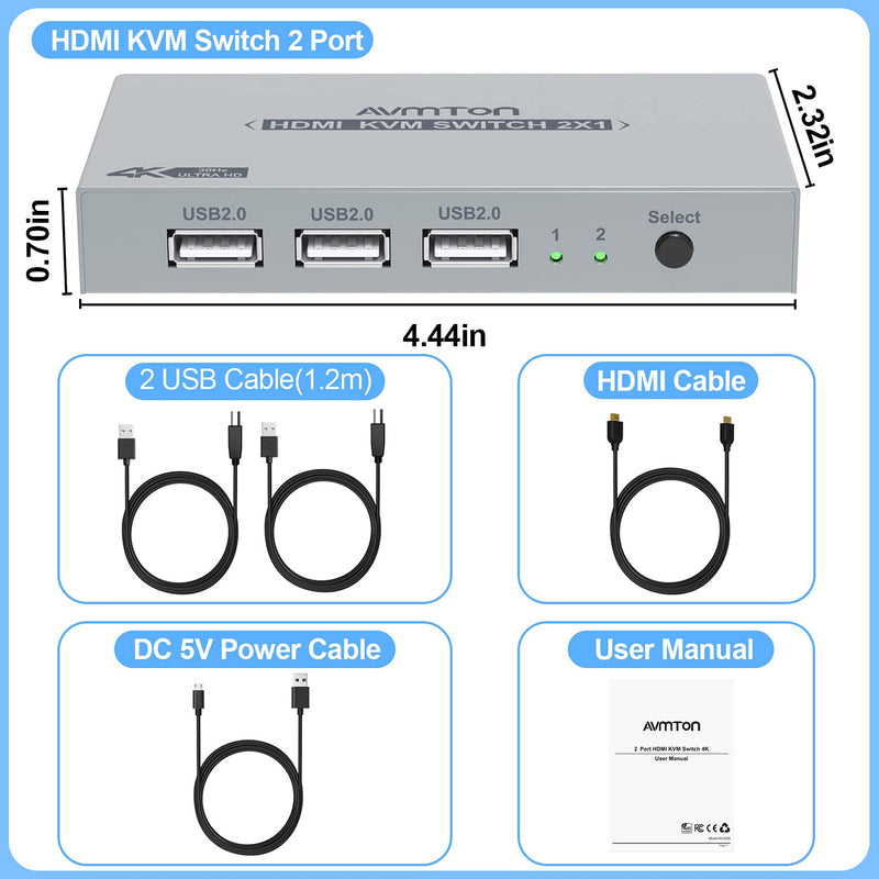  [AUSTRALIA] - AVMTON Metal KVM Switch HDMI 2 Port Box，Share one Keyboard Mouse and one Monitor with Two Computers,Support UHD 4K@30Hz,Wireless Keyboard Mouse Printer USB Disk,with USB Cable and HDMI Cable Silver