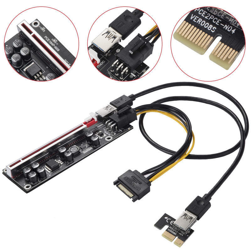  [AUSTRALIA] - MZHOU PCI-E 1X to 16X V009S-PLUS Riser Card - Graphics Extension Powered Riser Adapter Card for GPU Mining with 24in USB 3.0 Extension Cable & 6PIN SATA Power Cable（Black-6 Pieces） Black-V009S-PLUS