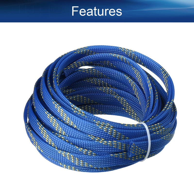  [AUSTRALIA] - Bettomshin 1Pcs Length 32.81Ft PET Braided Cable Sleeve, Width 0.39mm Expandable Braided Sleeve for Sleeving Protect and Beautify the Industrial, Electric Wire Electric Cable Blue and Gold