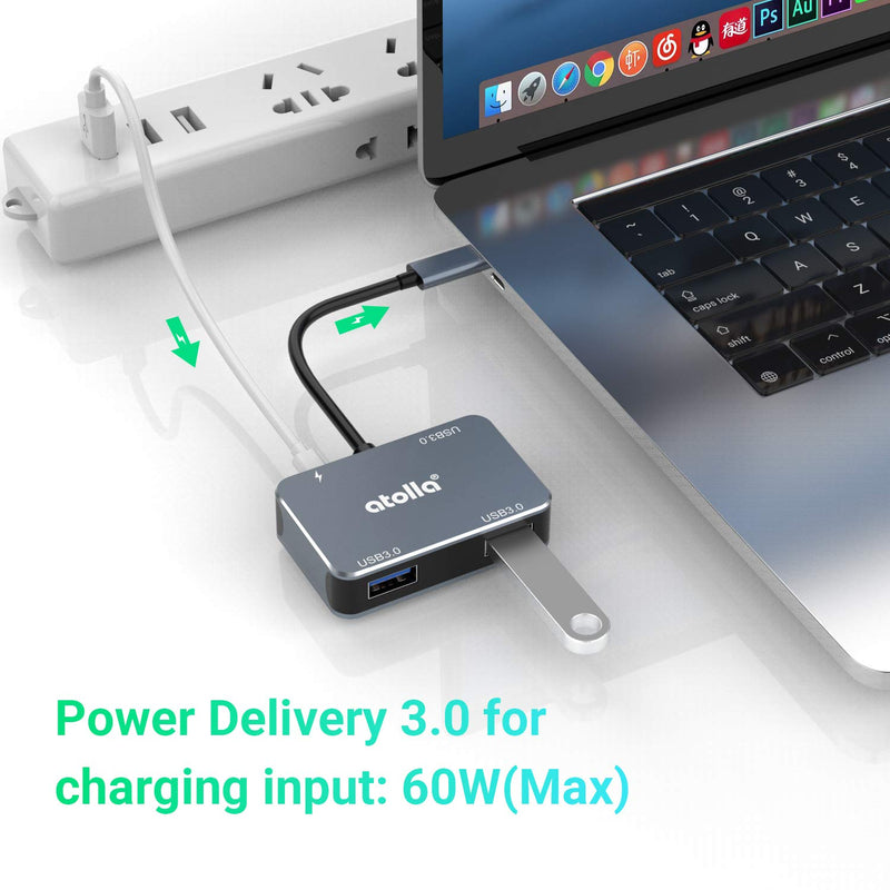 atolla USB C Hub – Aluminum 4-in-1 USB C Adapter with 3 USB 3.0 Ports & 60W Power Delivery Port for MacBook Pro/Air, iPad Pro, Chromebook, Dell and More - LeoForward Australia