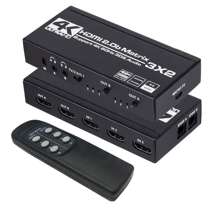  [AUSTRALIA] - HDMI Matrix 3x2, 4K HDMI Matrix Switch 3 in 2 Out Switcher Splitter Box with EDID Extractor and IR Remote Control, Support Ultra 4K HDR, 4Kx2K@60Hz, 3D/1080P，HDMI 2.0b, HDCP 2.2 Black